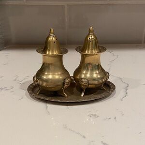 Vintage Brass Salt & Pepper Shakers w Tray | Blue Inserts